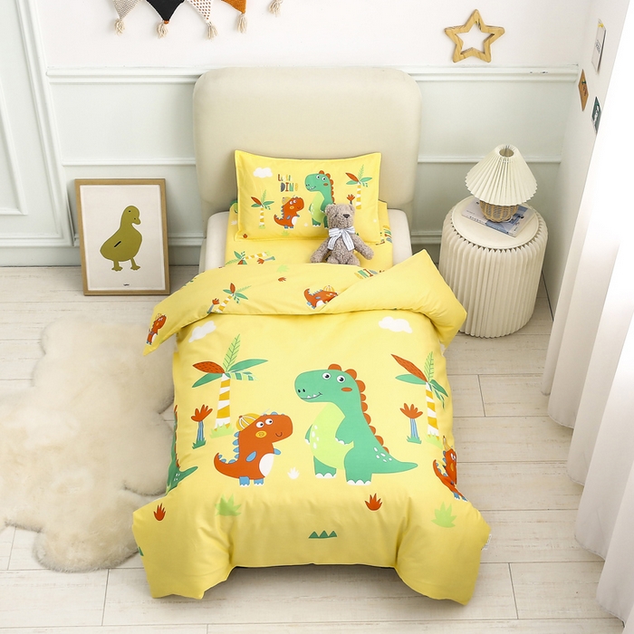 91家纺网 家纺一手货源 找家纺 2025年新款幼儿园全棉被子三件套宝宝入园纯棉六件套被褥午睡被套恐龙兄弟-黄
