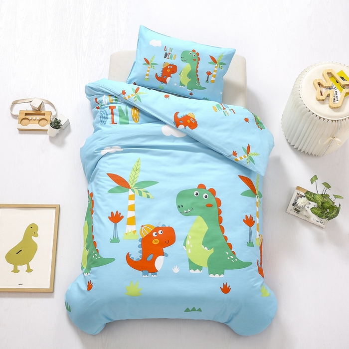 91家纺网 家纺一手货源 找家纺 2025年新款幼儿园全棉被子三件套宝宝入园纯棉六件套被褥午睡被套恐龙兄弟-蓝