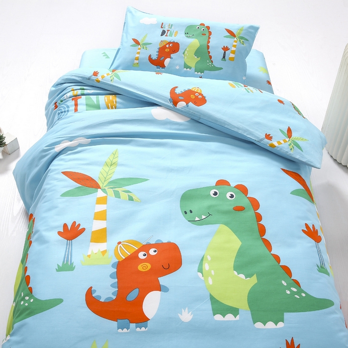 91家纺网 家纺一手货源 找家纺 2025年新款幼儿园全棉被子三件套宝宝入园纯棉六件套被褥午睡被套恐龙兄弟-蓝