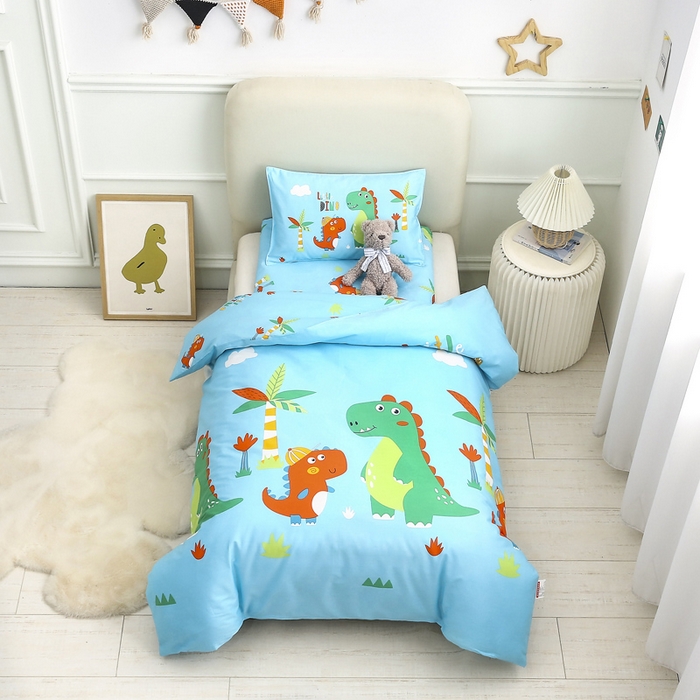 91家纺网 家纺一手货源 找家纺 2025年新款幼儿园全棉被子三件套宝宝入园纯棉六件套被褥午睡被套恐龙兄弟-蓝