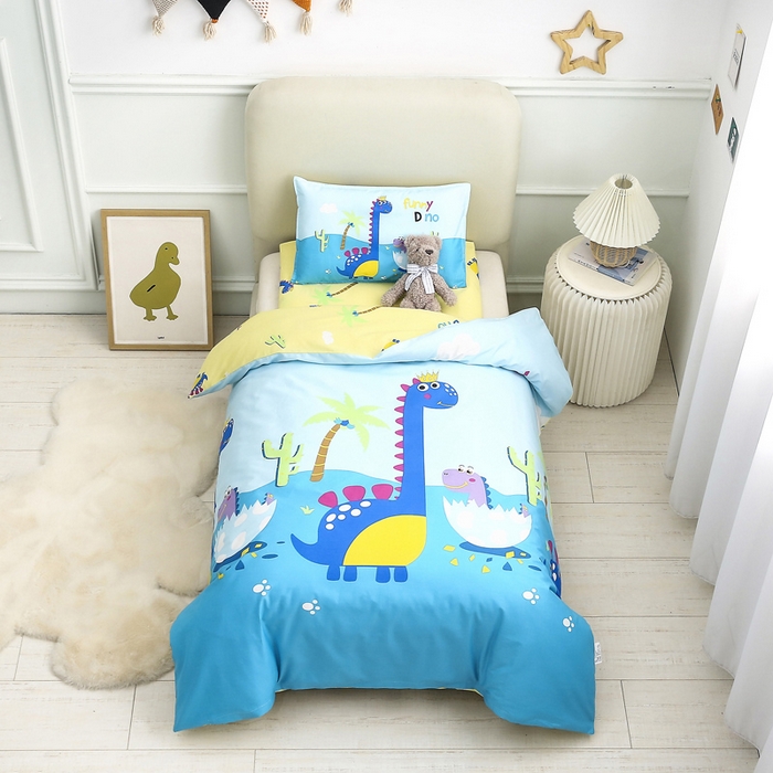 91家纺网 家纺一手货源 找家纺 2025年新款幼儿园全棉被子三件套宝宝入园纯棉六件套被褥午睡被套恐龙一家