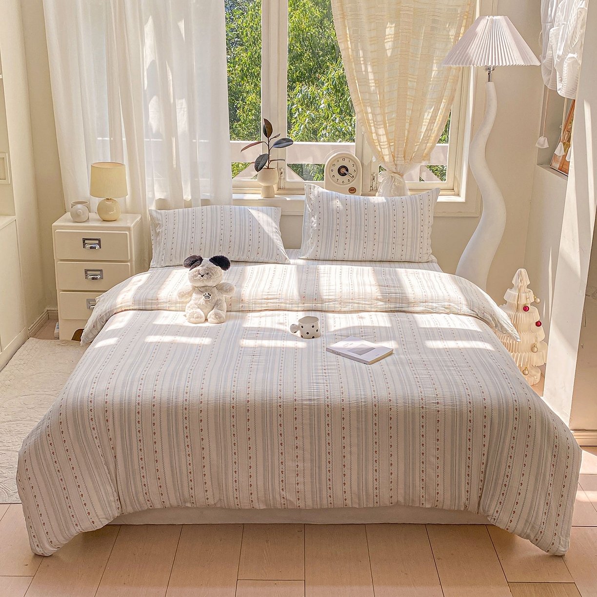 91家纺网 家纺一手货源 找家纺 眠势力 2025新款云感双层纱四件套床单款床笠款ins奶油风云感超柔 一路生花