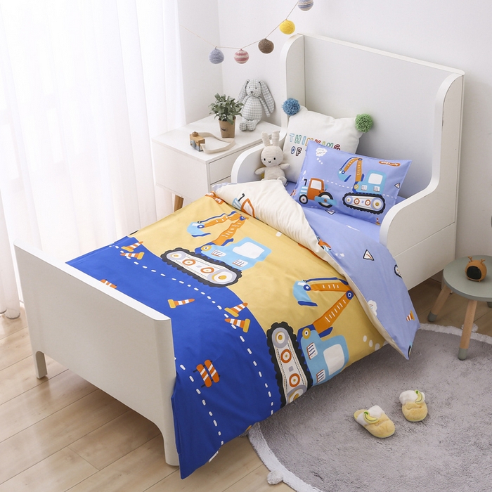 91家纺网 家纺一手货源 找家纺 2025年新款幼儿园全棉被子三件套宝宝入园纯棉六件套被褥午睡被套快乐工程车