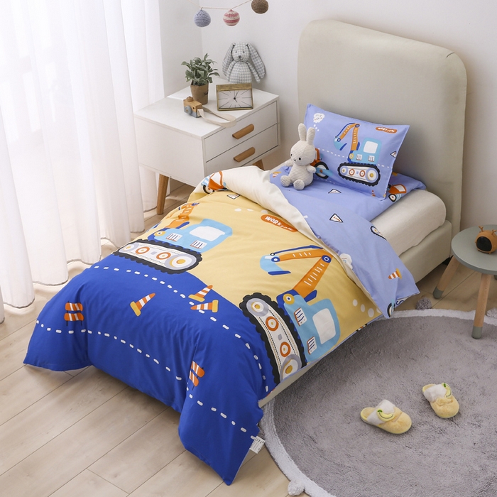 91家纺网 家纺一手货源 找家纺 2025年新款幼儿园全棉被子三件套宝宝入园纯棉六件套被褥午睡被套快乐工程车