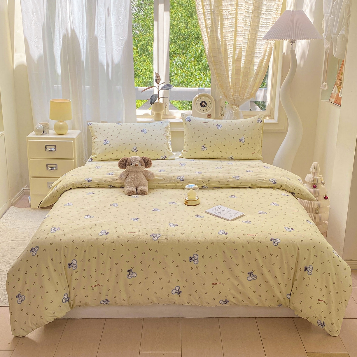 91家纺网 家纺一手货源 找家纺 眠势力 2025新款云感双层纱四件套床单款床笠款ins奶油风云感超柔 樱桃丸子