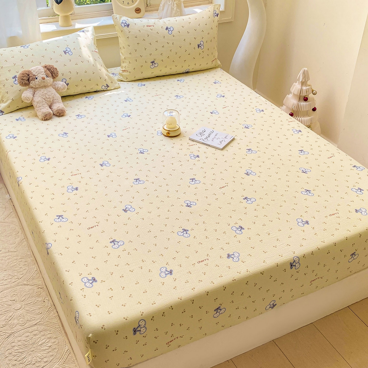 91家纺网 家纺一手货源 找家纺 眠势力 2025新款云感双层纱四件套床单款床笠款ins奶油风云感超柔 樱桃丸子