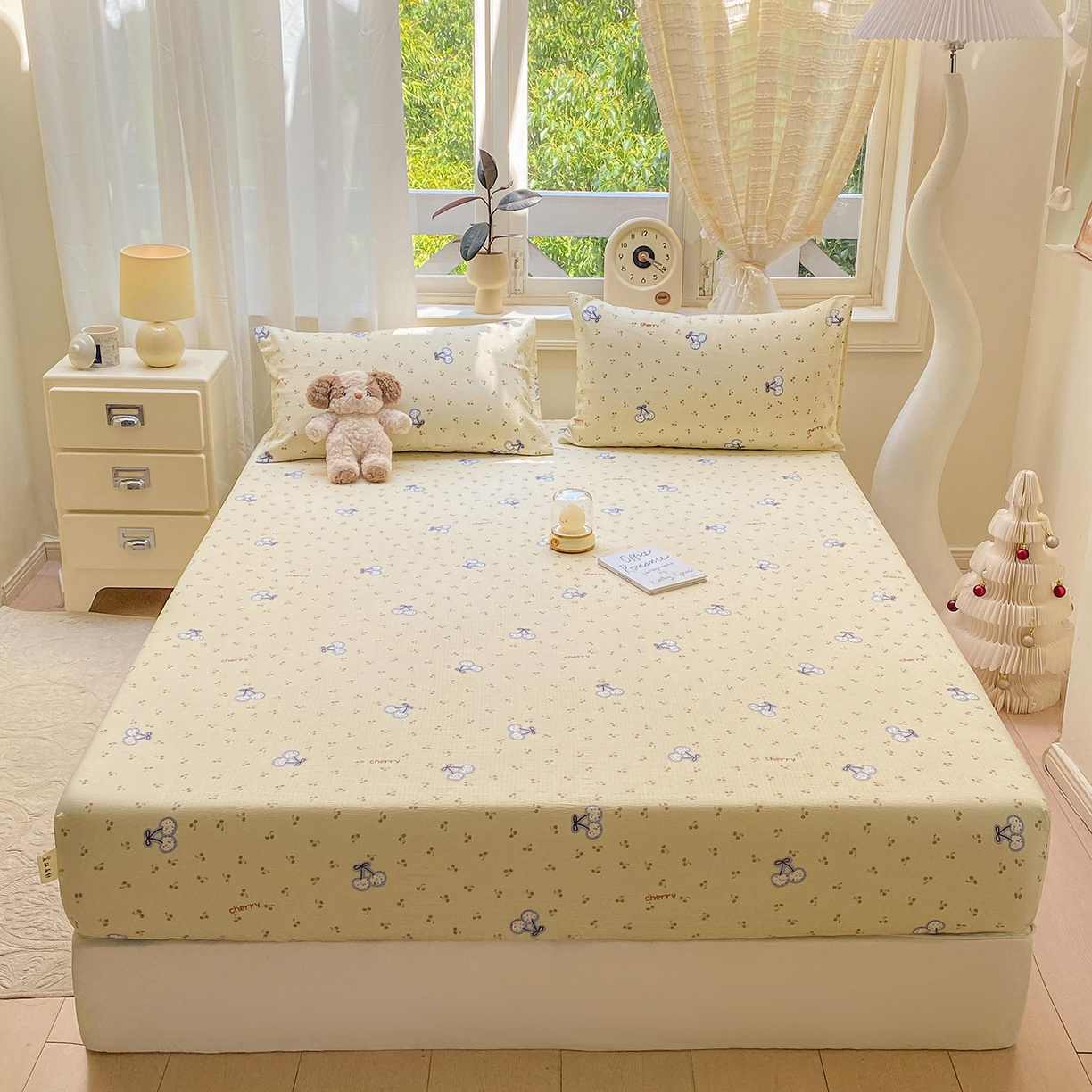 91家纺网 家纺一手货源 找家纺 眠势力 2025新款云感双层纱四件套床单款床笠款ins奶油风云感超柔 樱桃丸子