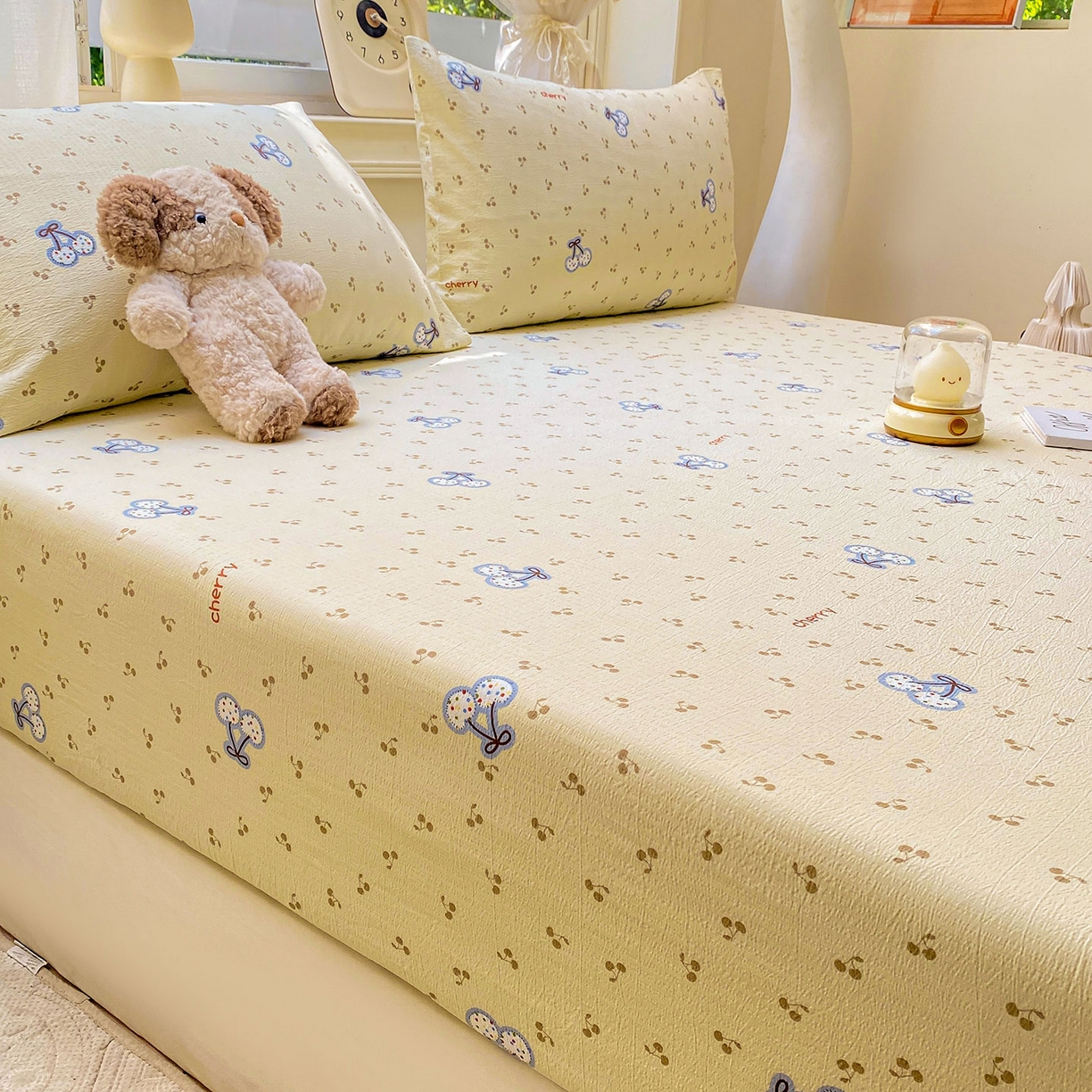 91家纺网 家纺一手货源 找家纺 眠势力 2025新款云感双层纱四件套床单款床笠款ins奶油风云感超柔 樱桃丸子