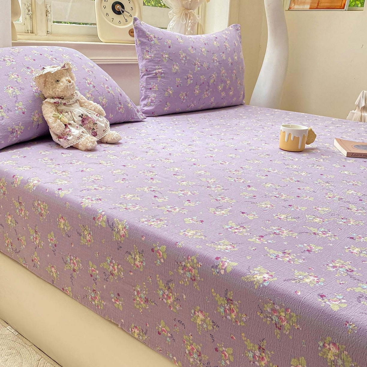 91家纺网 家纺一手货源 找家纺 眠势力 2025新款云感双层纱四件套床单款床笠款ins奶油风云感超柔 紫色花海