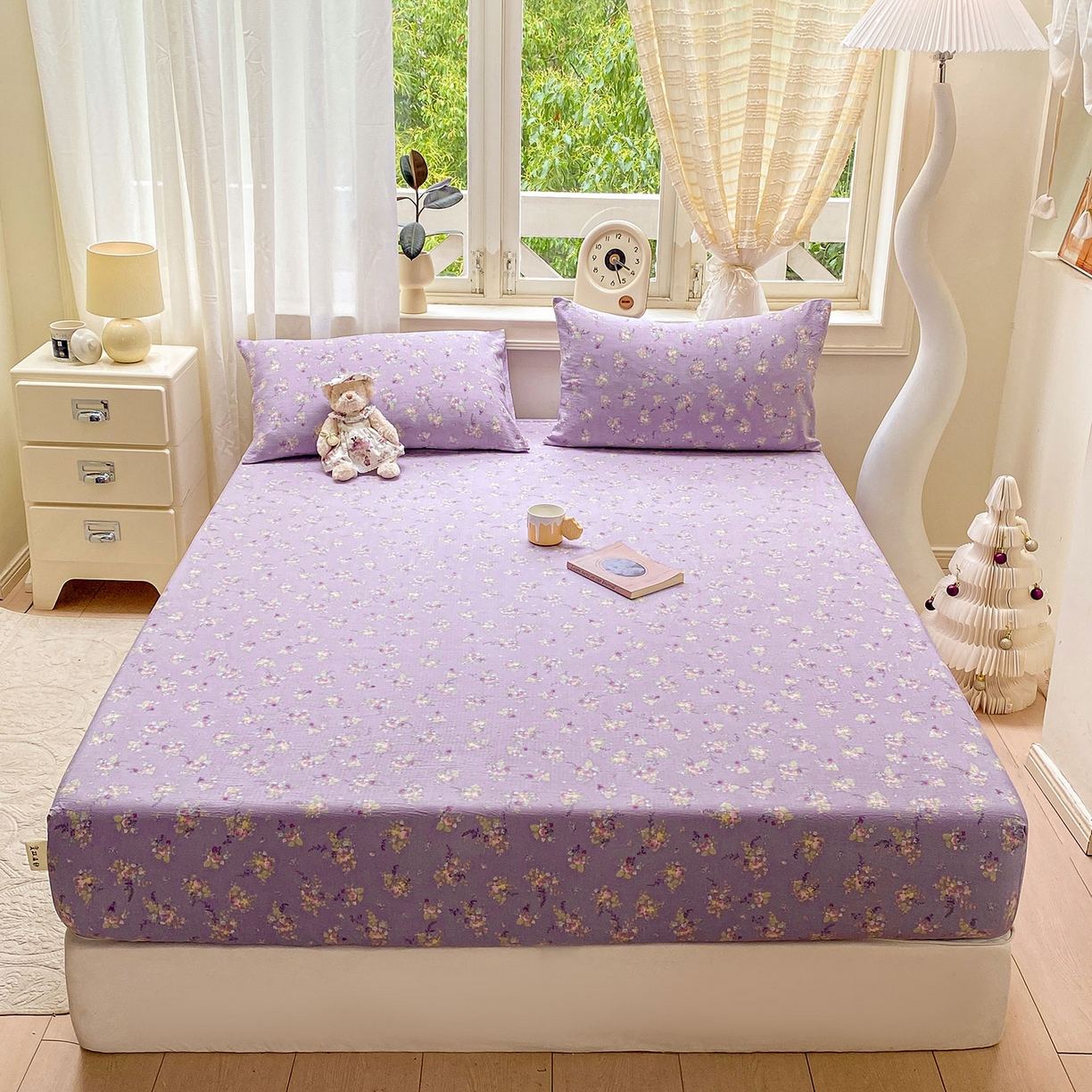 91家纺网 家纺一手货源 找家纺 眠势力 2025新款云感双层纱四件套床单款床笠款ins奶油风云感超柔 紫色花海