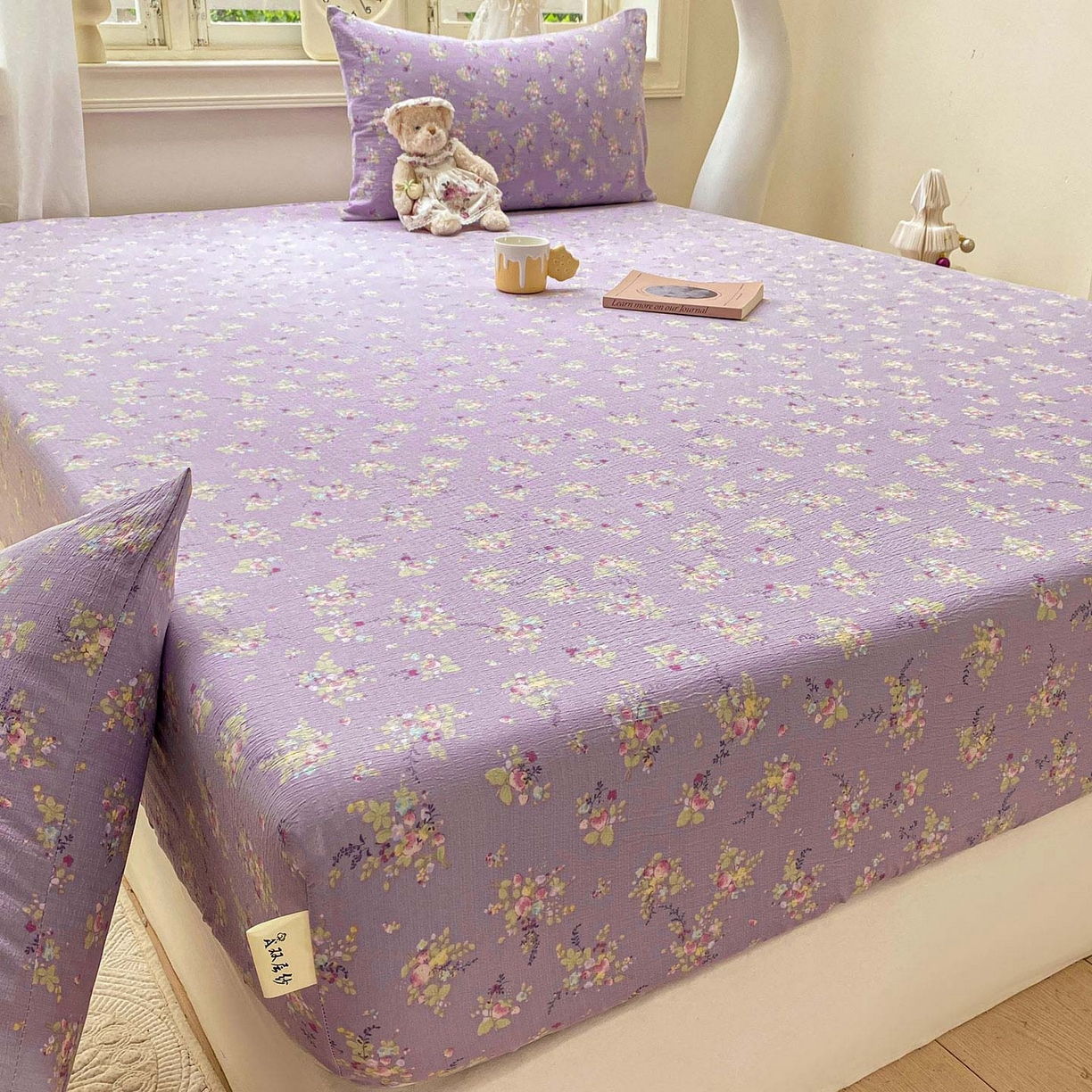 91家纺网 家纺一手货源 找家纺 眠势力 2025新款云感双层纱四件套床单款床笠款ins奶油风云感超柔 紫色花海