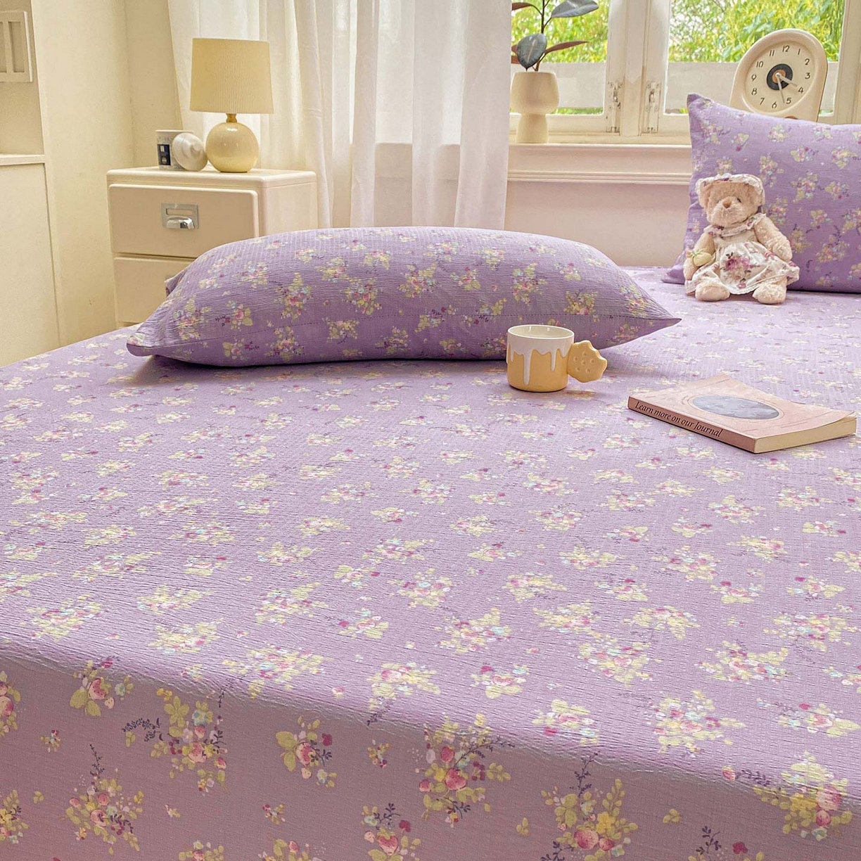 91家纺网 家纺一手货源 找家纺 眠势力 2025新款云感双层纱四件套床单款床笠款ins奶油风云感超柔 紫色花海