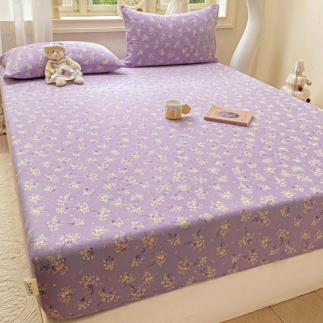 91家纺网 家纺一手货源 找家纺 眠势力 2025新款云感双层纱四件套床单款床笠款ins奶油风云感超柔 紫色花海