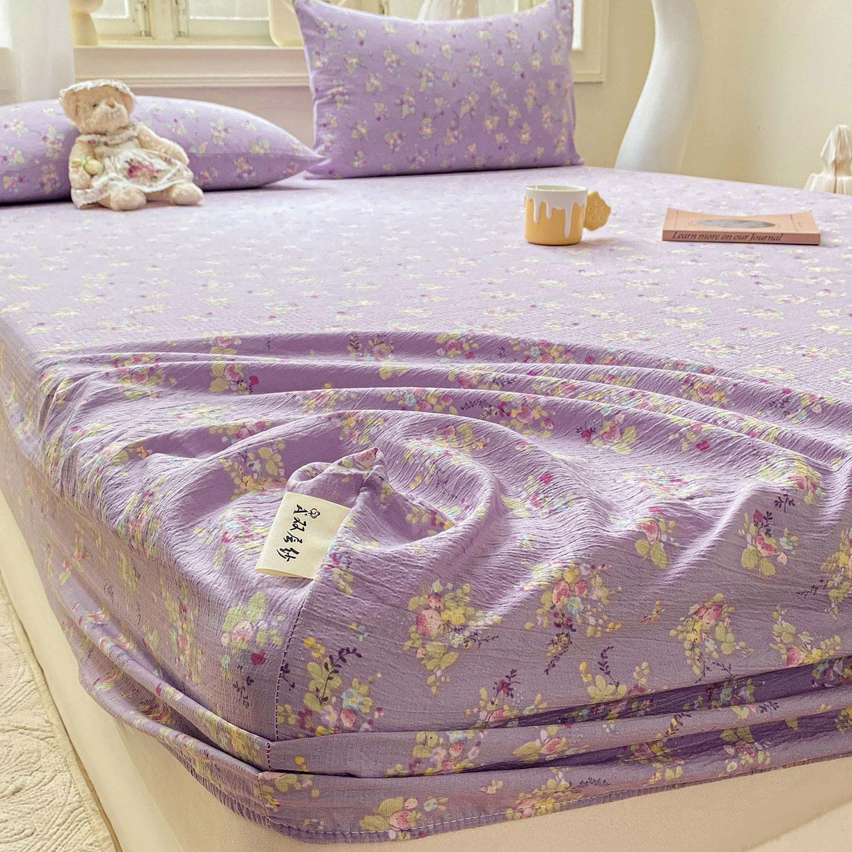 91家纺网 家纺一手货源 找家纺 眠势力 2025新款云感双层纱四件套床单款床笠款ins奶油风云感超柔 紫色花海