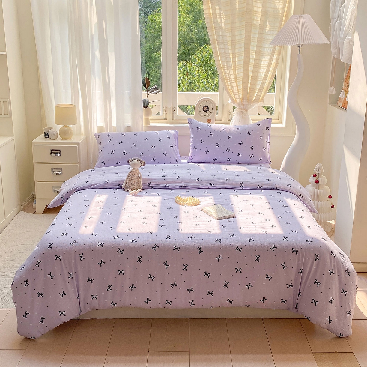 91家纺网 家纺一手货源 找家纺 眠势力 2025新款云感双层纱四件套床单款床笠款ins奶油风云感超柔 紫韵蝴蝶结