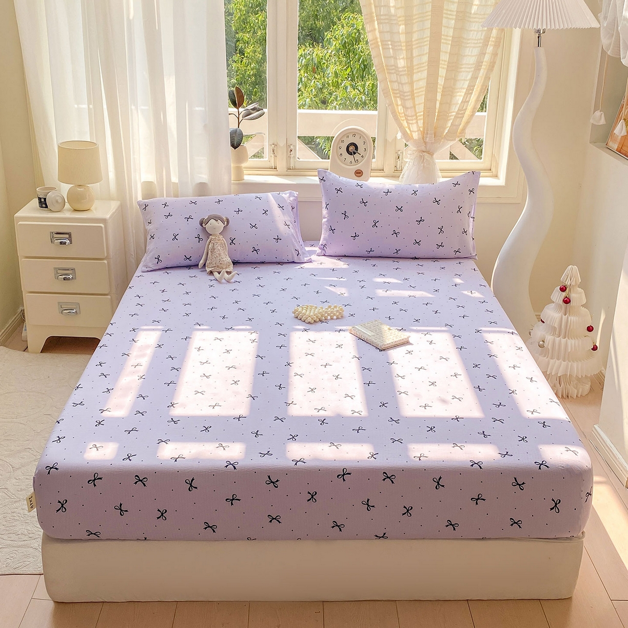 91家纺网 家纺一手货源 找家纺 眠势力 2025新款云感双层纱四件套床单款床笠款ins奶油风云感超柔 紫韵蝴蝶结