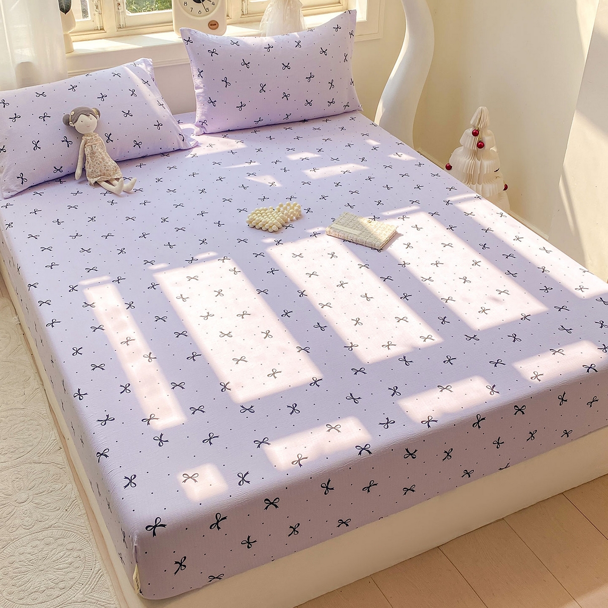 91家纺网 家纺一手货源 找家纺 眠势力 2025新款云感双层纱四件套床单款床笠款ins奶油风云感超柔 紫韵蝴蝶结