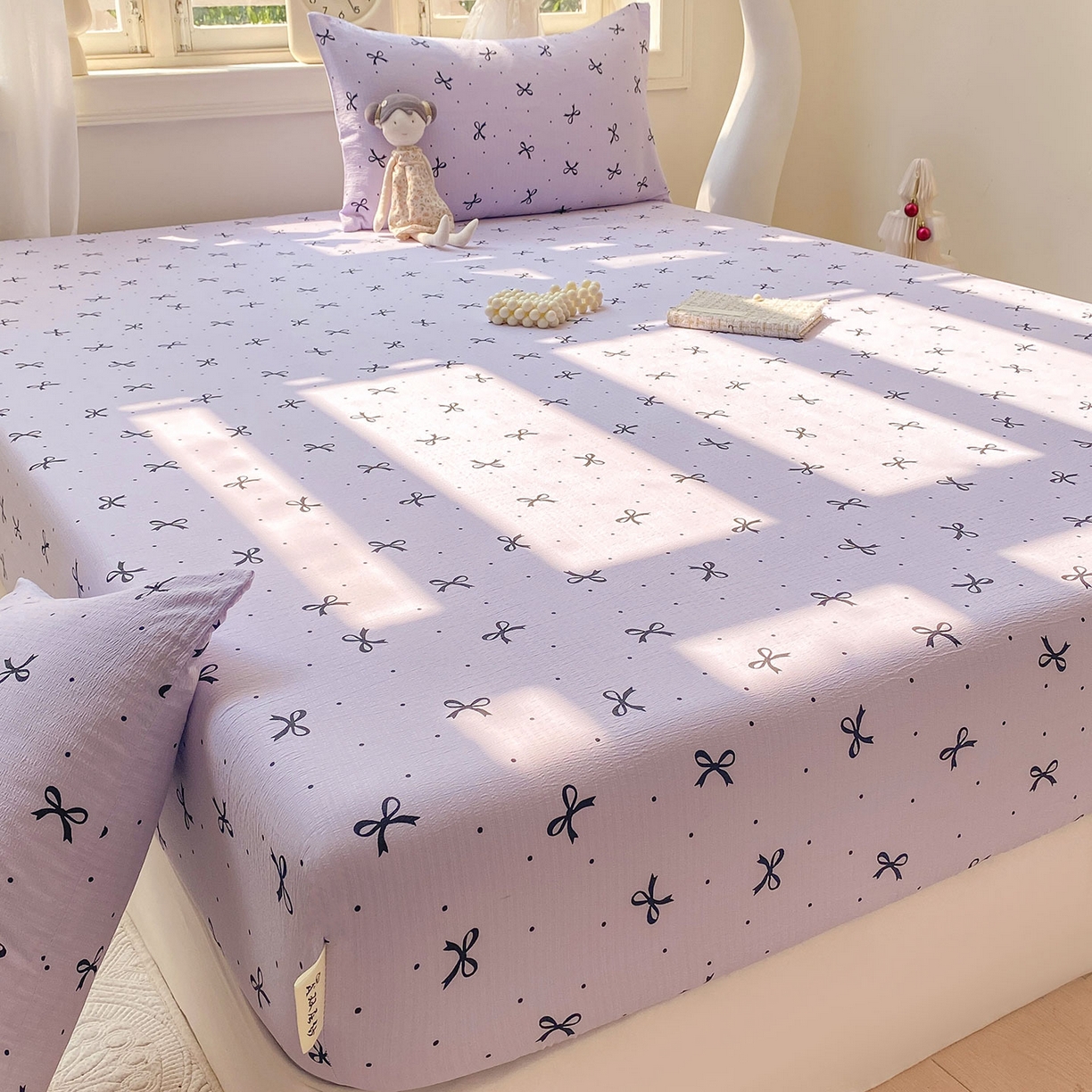 91家纺网 家纺一手货源 找家纺 眠势力 2025新款云感双层纱四件套床单款床笠款ins奶油风云感超柔 紫韵蝴蝶结