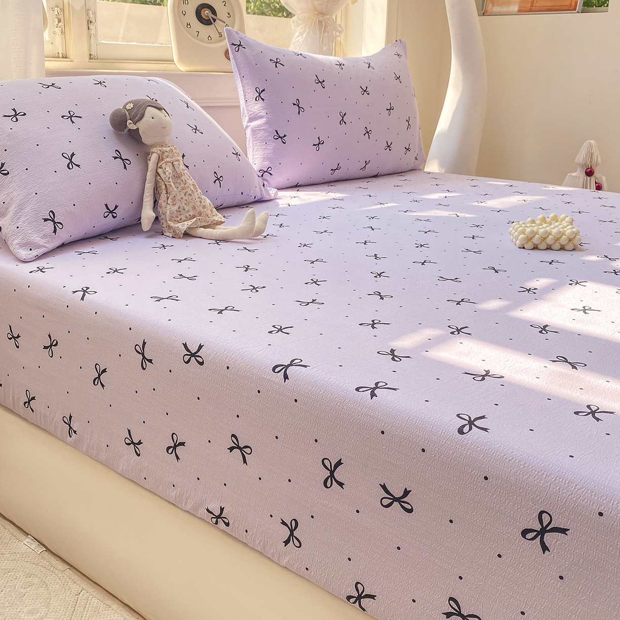 91家纺网 家纺一手货源 找家纺 眠势力 2025新款云感双层纱四件套床单款床笠款ins奶油风云感超柔 紫韵蝴蝶结