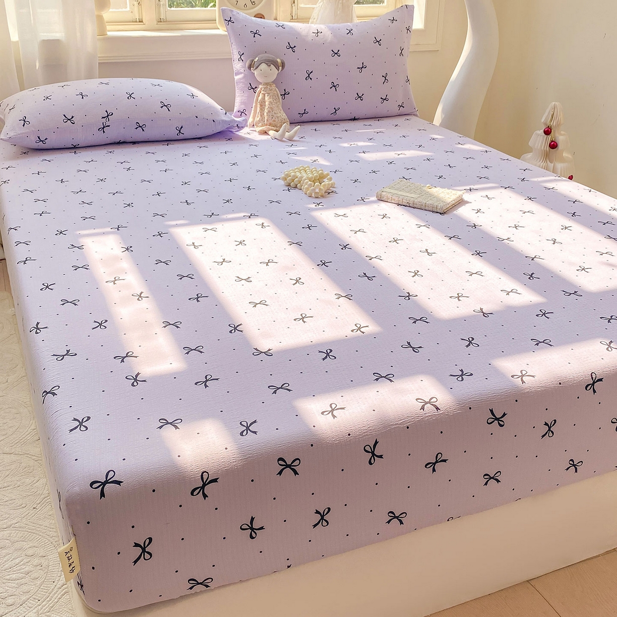 91家纺网 家纺一手货源 找家纺 眠势力 2025新款云感双层纱四件套床单款床笠款ins奶油风云感超柔 紫韵蝴蝶结