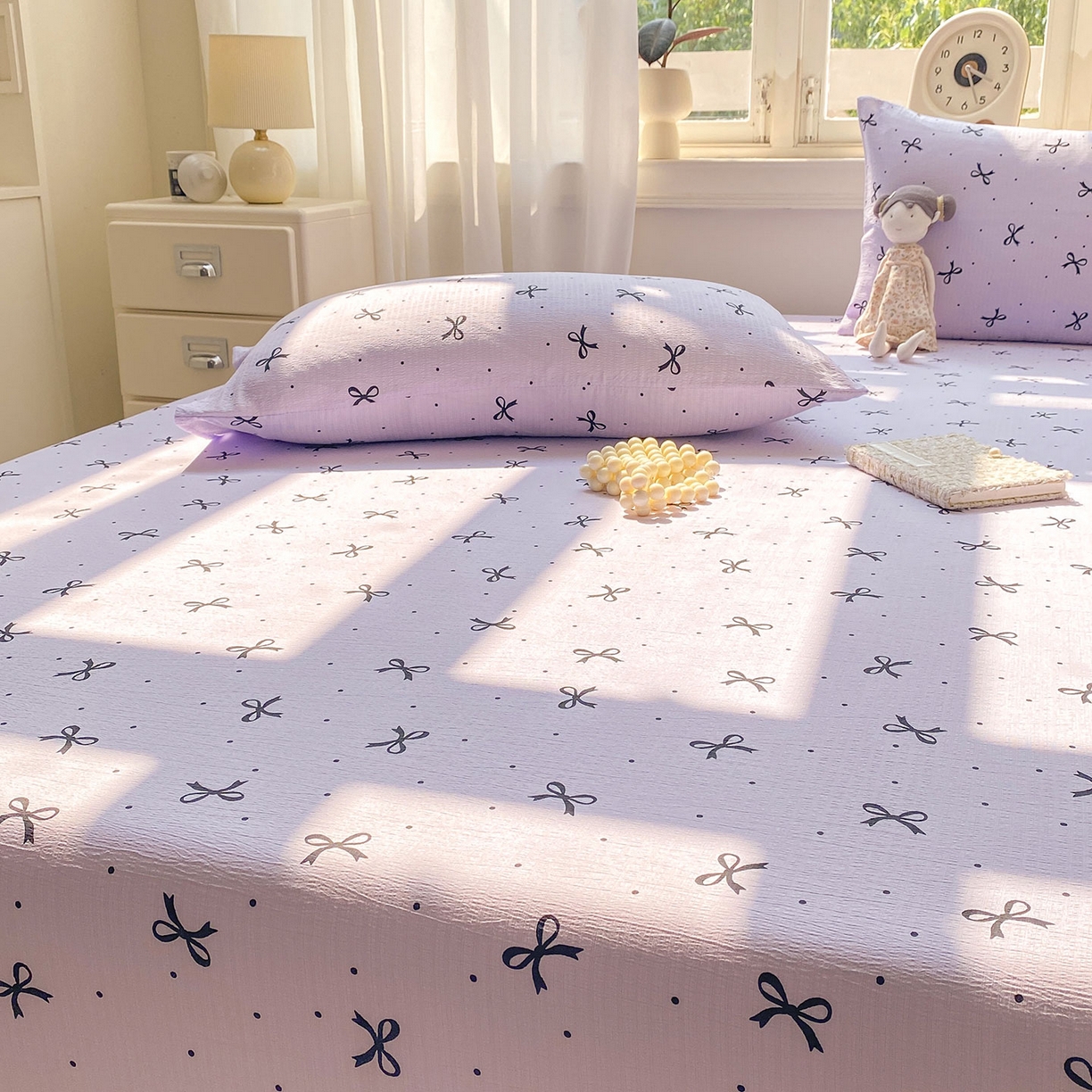 91家纺网 家纺一手货源 找家纺 眠势力 2025新款云感双层纱四件套床单款床笠款ins奶油风云感超柔 紫韵蝴蝶结