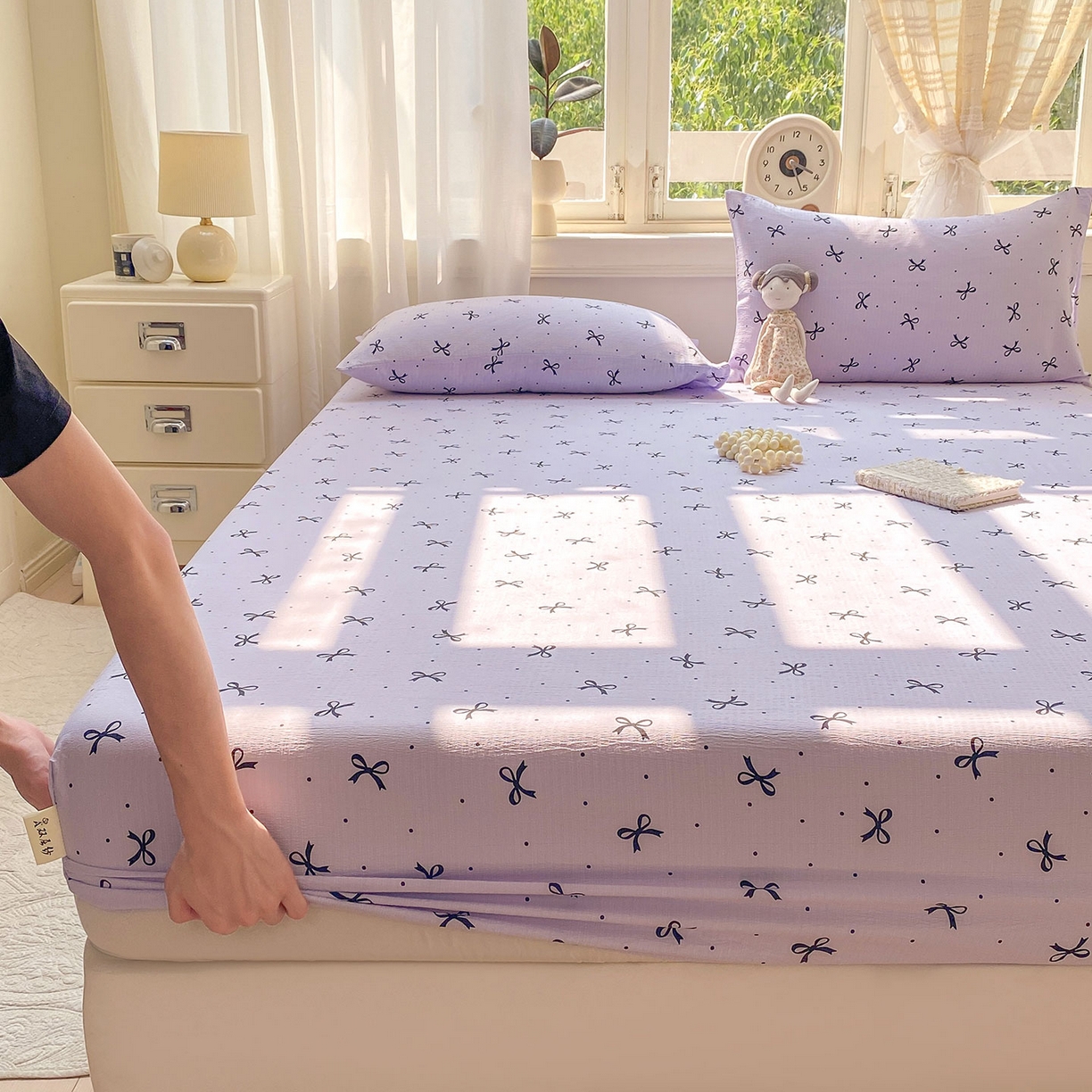 91家纺网 家纺一手货源 找家纺 眠势力 2025新款云感双层纱四件套床单款床笠款ins奶油风云感超柔 紫韵蝴蝶结