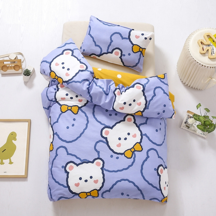 91家纺网 家纺一手货源 找家纺 2025年新款幼儿园全棉被子三件套宝宝入园纯棉六件套被褥午睡被套领结熊