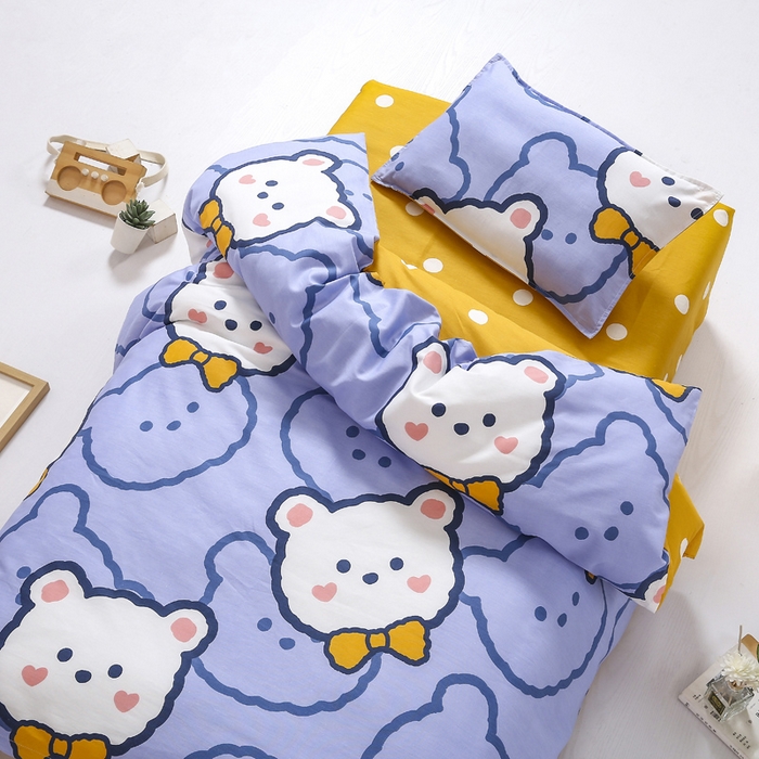 91家纺网 家纺一手货源 找家纺 2025年新款幼儿园全棉被子三件套宝宝入园纯棉六件套被褥午睡被套领结熊