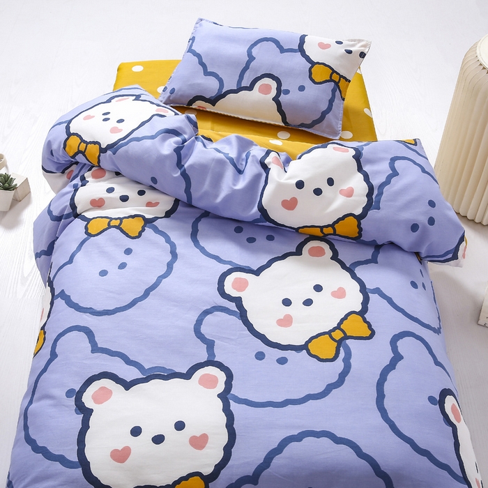 91家纺网 家纺一手货源 找家纺 2025年新款幼儿园全棉被子三件套宝宝入园纯棉六件套被褥午睡被套领结熊