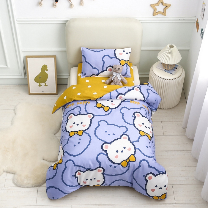 91家纺网 家纺一手货源 找家纺 2025年新款幼儿园全棉被子三件套宝宝入园纯棉六件套被褥午睡被套领结熊