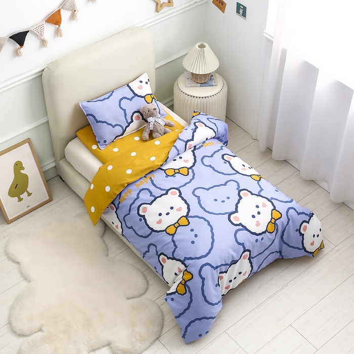 91家纺网 家纺一手货源 找家纺 2025年新款幼儿园全棉被子三件套宝宝入园纯棉六件套被褥午睡被套领结熊