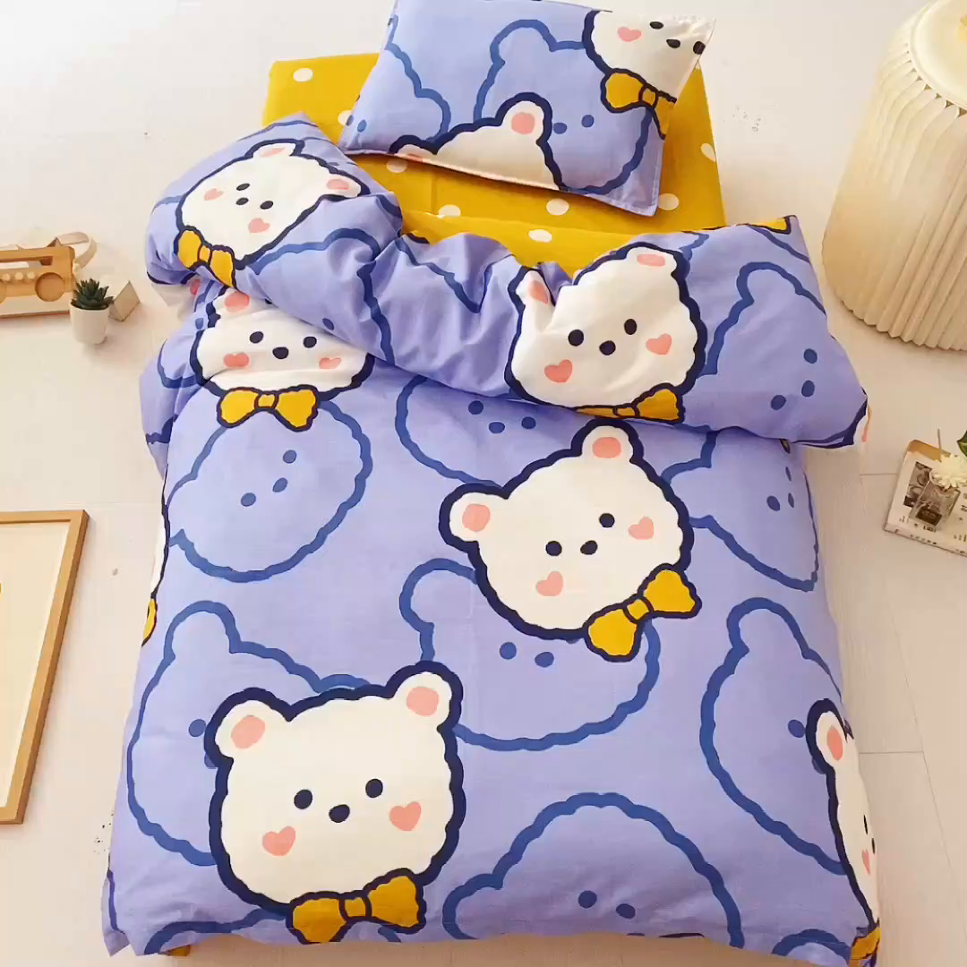 91家纺网 家纺一手货源 找家纺 2025年新款幼儿园全棉被子三件套宝宝入园纯棉六件套被褥午睡被套领结熊