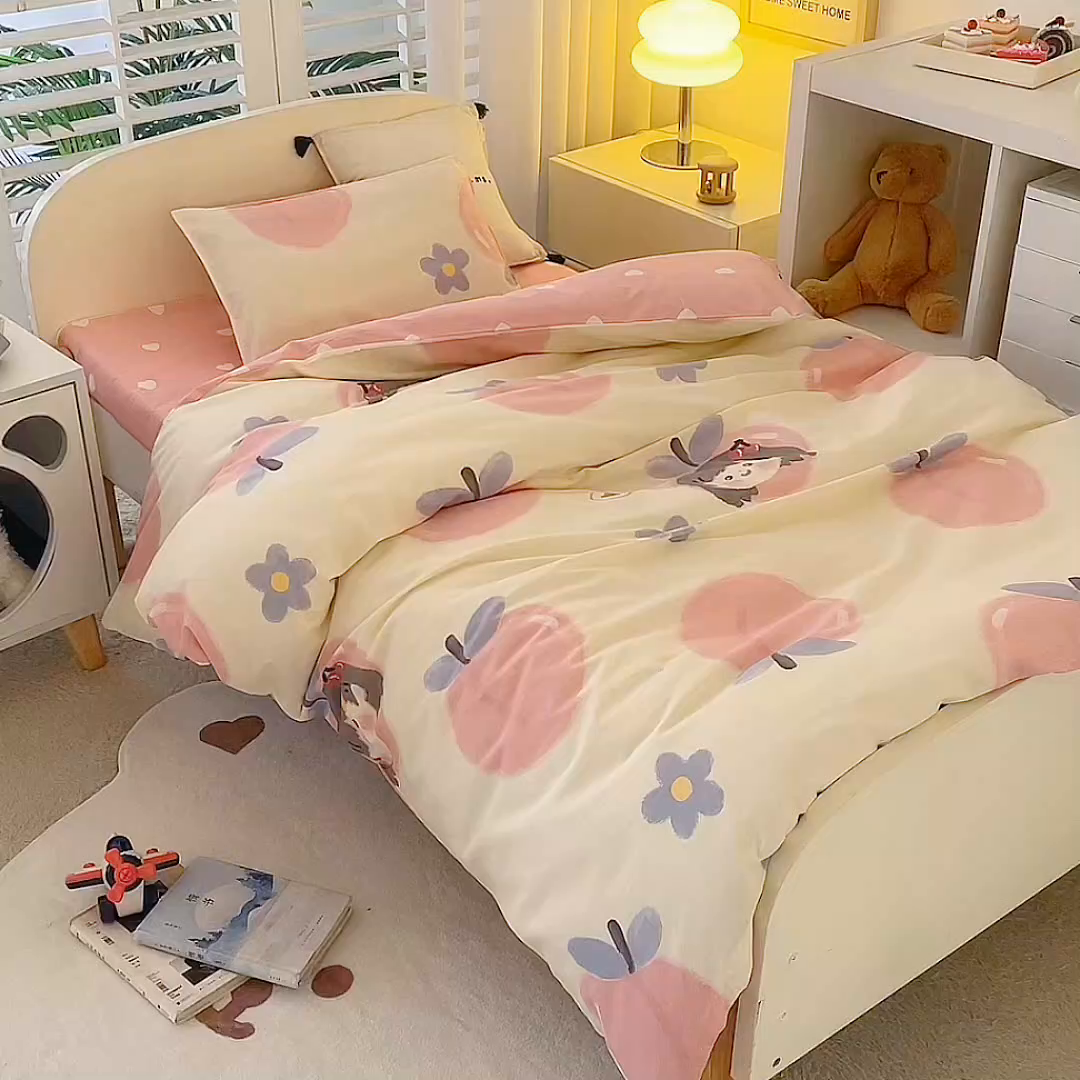 91家纺网 家纺一手货源 找家纺 2025年新款幼儿园全棉被子三件套宝宝入园纯棉六件套被褥午睡被套蜜桃女孩