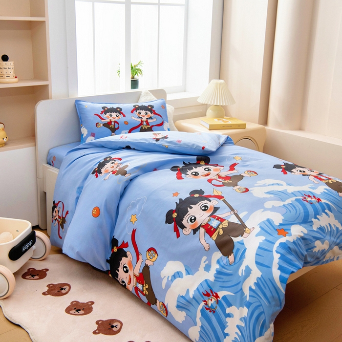 91家纺网 家纺一手货源 找家纺 2025年新款幼儿园全棉被子三件套宝宝入园纯棉六件套被褥午睡被套哪吒闹海
