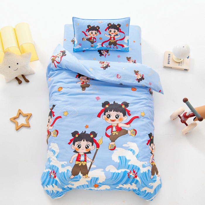 91家纺网 家纺一手货源 找家纺 2025年新款幼儿园全棉被子三件套宝宝入园纯棉六件套被褥午睡被套哪吒闹海