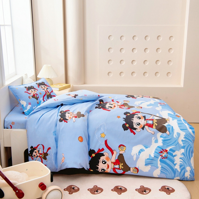 91家纺网 家纺一手货源 找家纺 2025年新款幼儿园全棉被子三件套宝宝入园纯棉六件套被褥午睡被套哪吒闹海