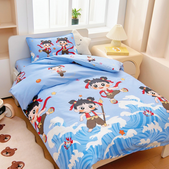 91家纺网 家纺一手货源 找家纺 2025年新款幼儿园全棉被子三件套宝宝入园纯棉六件套被褥午睡被套哪吒闹海