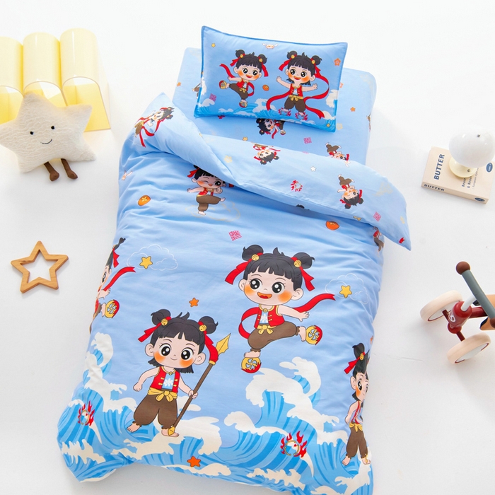 91家纺网 家纺一手货源 找家纺 2025年新款幼儿园全棉被子三件套宝宝入园纯棉六件套被褥午睡被套哪吒闹海