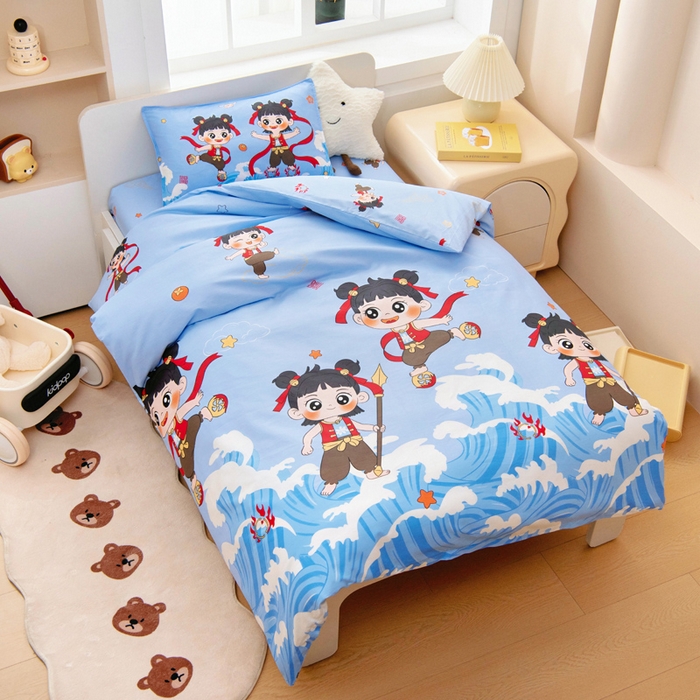 91家纺网 家纺一手货源 找家纺 2025年新款幼儿园全棉被子三件套宝宝入园纯棉六件套被褥午睡被套哪吒闹海