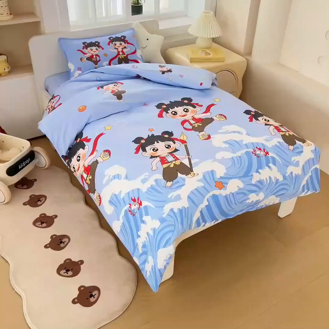91家纺网 家纺一手货源 找家纺 2025年新款幼儿园全棉被子三件套宝宝入园纯棉六件套被褥午睡被套哪吒闹海