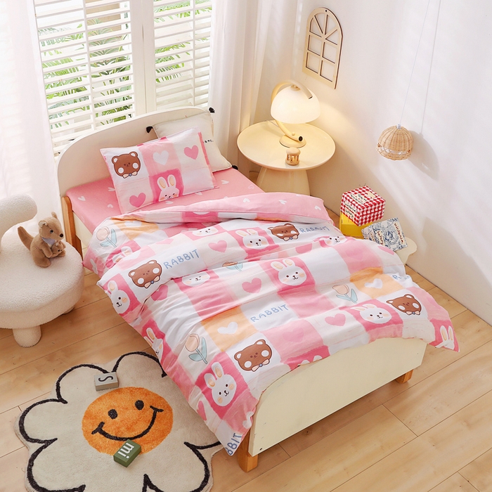 91家纺网 家纺一手货源 找家纺 2025年新款幼儿园全棉被子三件套宝宝入园纯棉六件套被褥午睡被套奶油兔