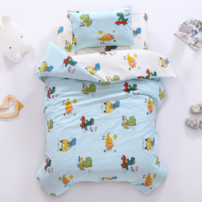91家纺网 家纺一手货源 找家纺 2025年新款幼儿园全棉被子三件套宝宝入园纯棉六件套被褥午睡被套七彩恐龙-蓝
