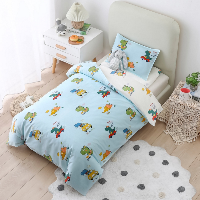 91家纺网 家纺一手货源 找家纺 2025年新款幼儿园全棉被子三件套宝宝入园纯棉六件套被褥午睡被套七彩恐龙-蓝