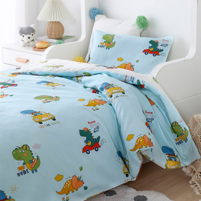 91家纺网 家纺一手货源 找家纺 2025年新款幼儿园全棉被子三件套宝宝入园纯棉六件套被褥午睡被套七彩恐龙-蓝