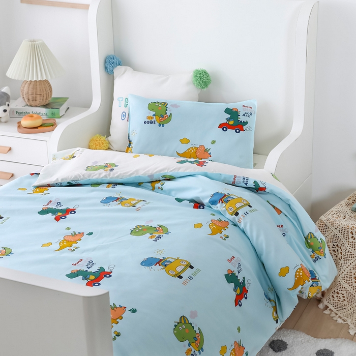 91家纺网 家纺一手货源 找家纺 2025年新款幼儿园全棉被子三件套宝宝入园纯棉六件套被褥午睡被套七彩恐龙-蓝