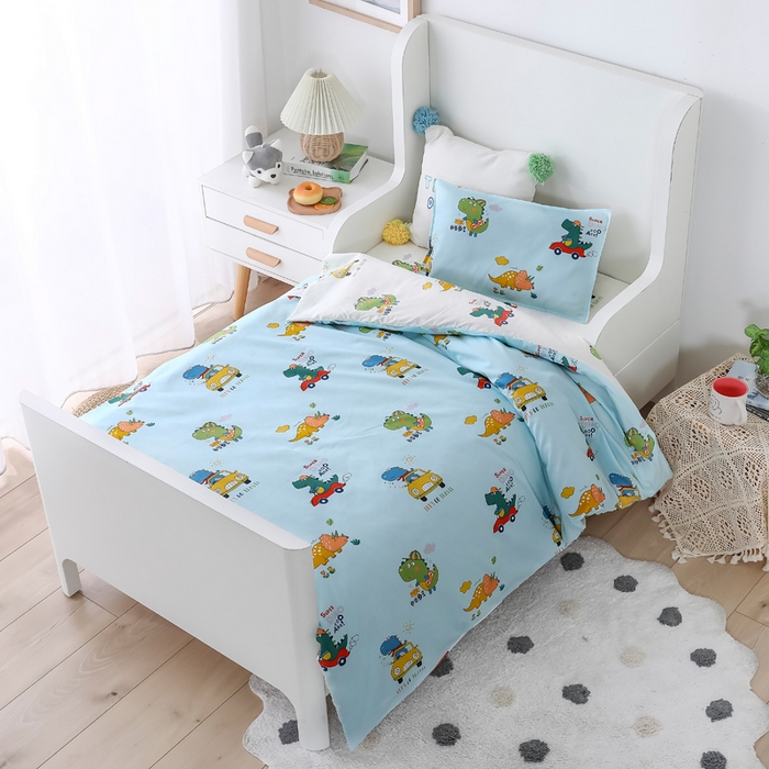 91家纺网 家纺一手货源 找家纺 2025年新款幼儿园全棉被子三件套宝宝入园纯棉六件套被褥午睡被套七彩恐龙-蓝