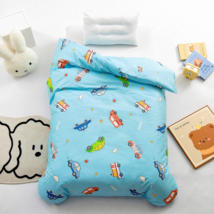 91家纺网 家纺一手货源 找家纺 2025年新款幼儿园全棉被子三件套宝宝入园纯棉六件套被褥午睡被套汽车世界-蓝