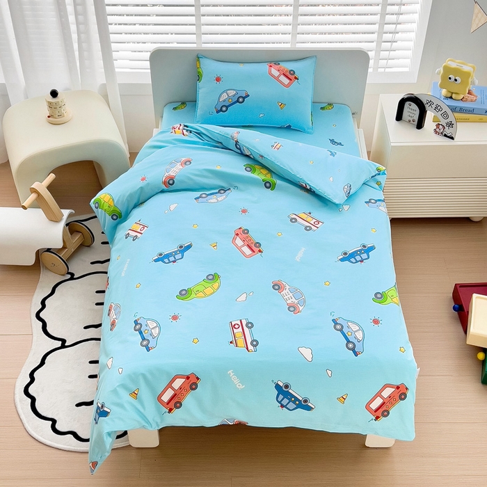 91家纺网 家纺一手货源 找家纺 2025年新款幼儿园全棉被子三件套宝宝入园纯棉六件套被褥午睡被套汽车世界-蓝