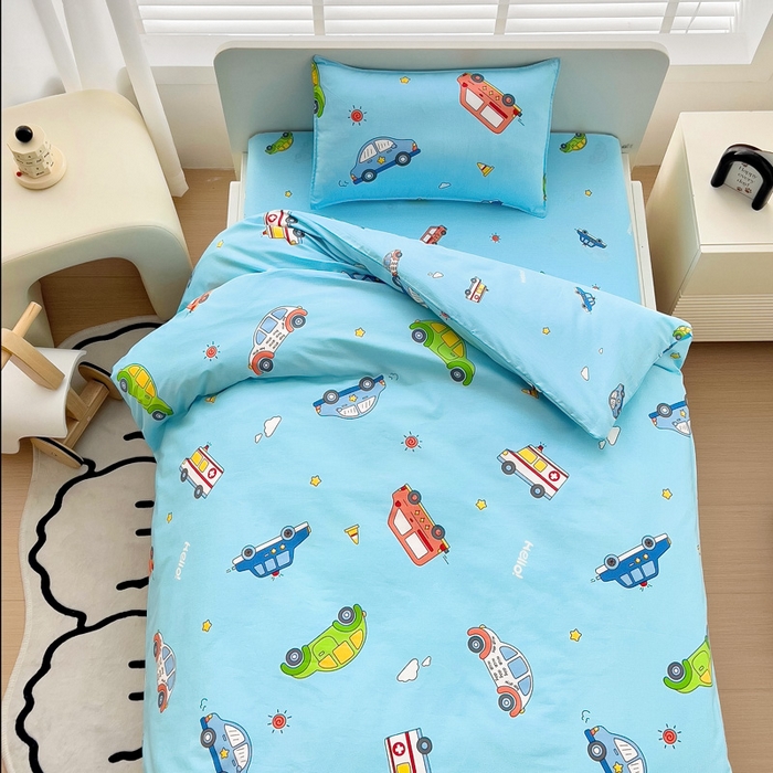 91家纺网 家纺一手货源 找家纺 2025年新款幼儿园全棉被子三件套宝宝入园纯棉六件套被褥午睡被套汽车世界-蓝