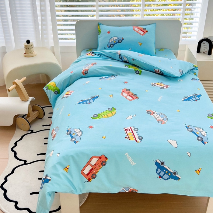 91家纺网 家纺一手货源 找家纺 2025年新款幼儿园全棉被子三件套宝宝入园纯棉六件套被褥午睡被套汽车世界-蓝